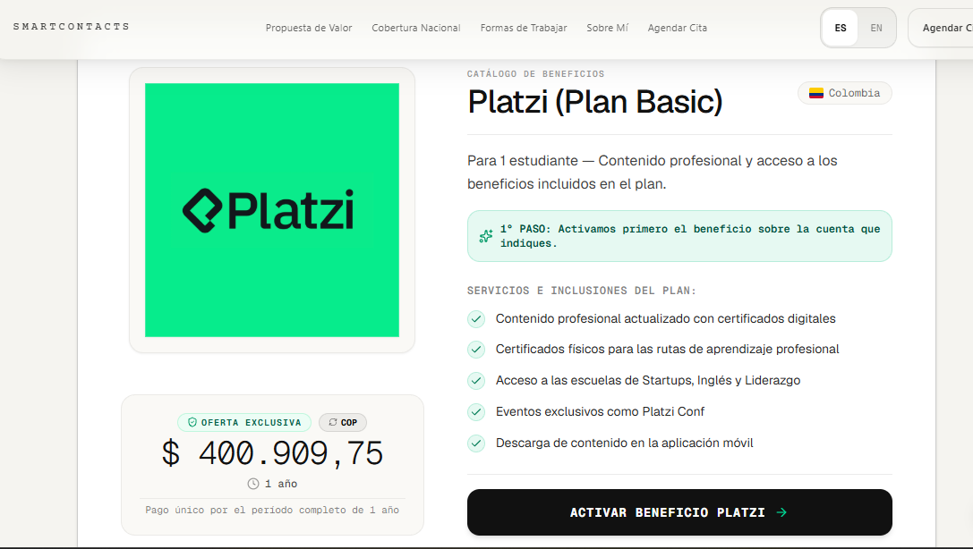 Página de beneficios con el botón Activar beneficio Platzi