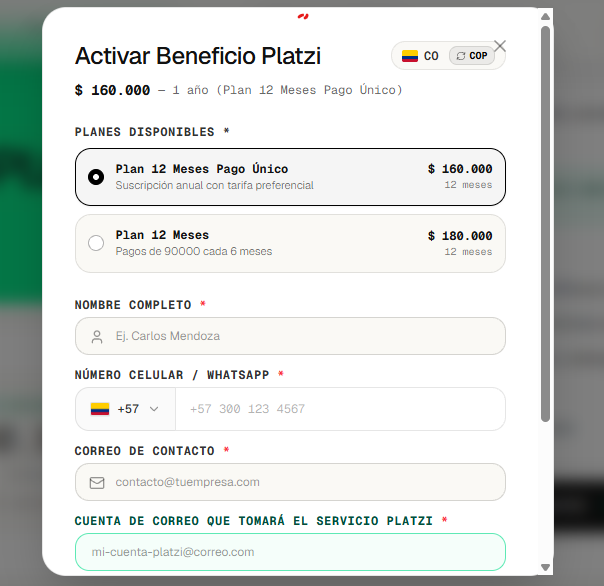 Formulario de activación con selección de plan y campos de datos